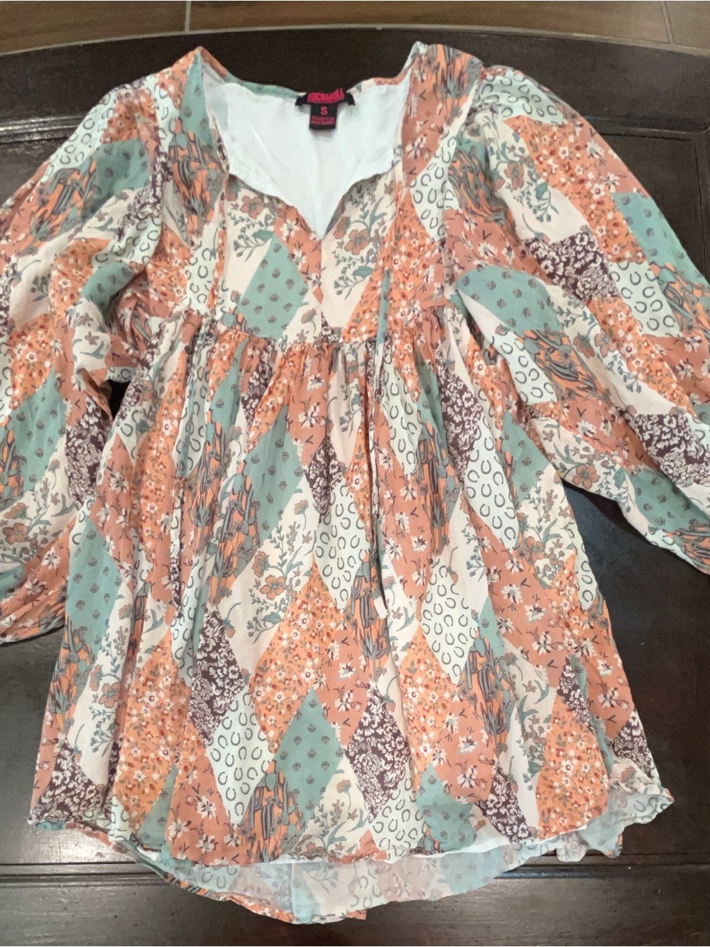 Patchwork Peasant Blouse in Peach, Mint & Cream